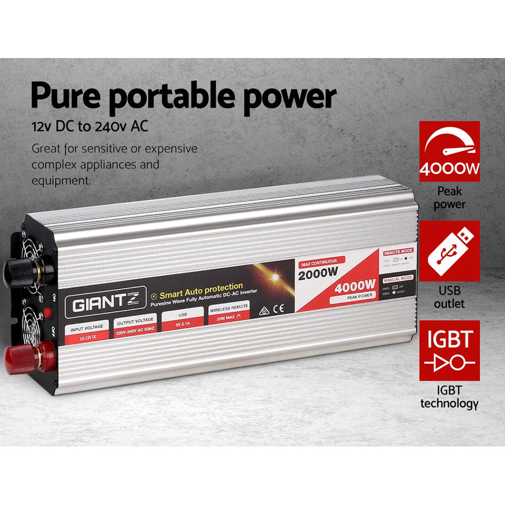 Giantz Power Inverter 2000W or 4000W Pure Sine Wave 12V-240V Camping