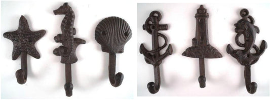 Set of 6 Nautical Cast Iron Wall Hooks